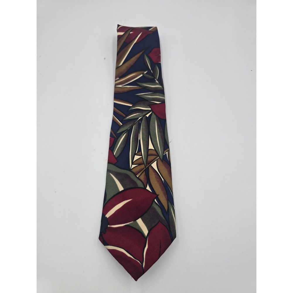 Ted Lapidus Paris Mens Silk Necktie Burgundy Green Tropical Floral Botanical Tie